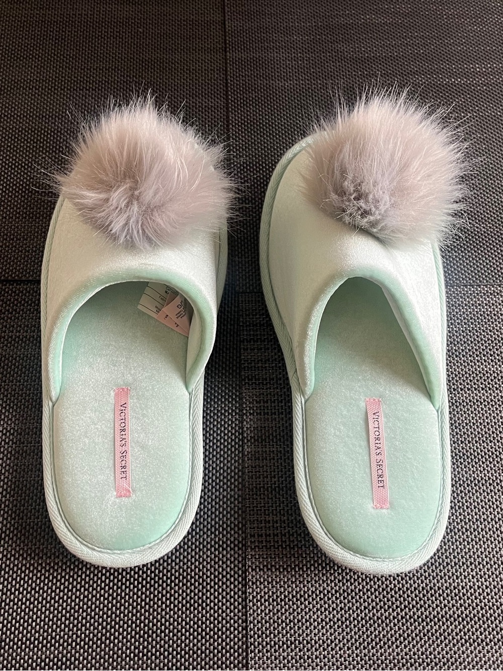 Victoria's Secret Women's Light Green Pom-Pom Slippers